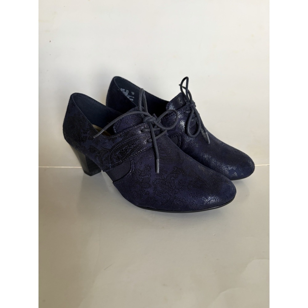 Soft Style Oxford Shoes Womens 6.5 W Wide Navy Blue Paisley Lace Up Block Heel